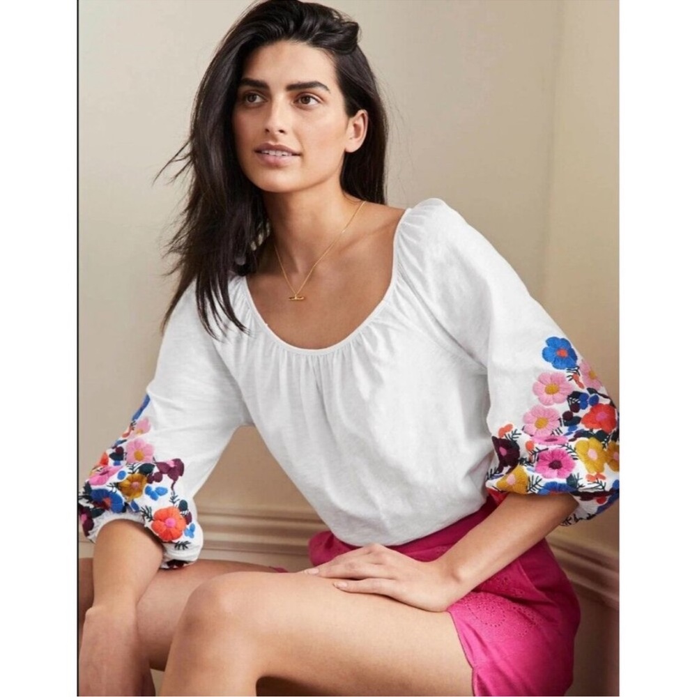Boden White Top with Floral Sleeves